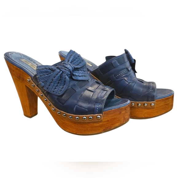 Miu Miu Womens Blue Leather Bow, Peep Toed Studded Clogs SIZE 38 - Picture 1 of 8